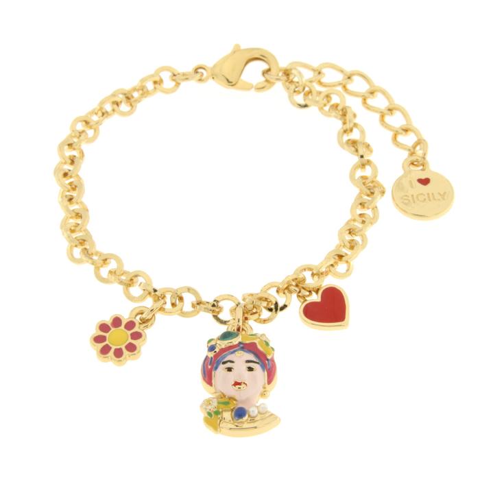 Bracciale in Metallo con testa di Moro rosa  fiore  e cuore