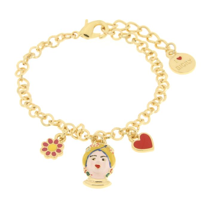 Bracciale in Metallo con testa di Moro gialla  fiore  e cuore