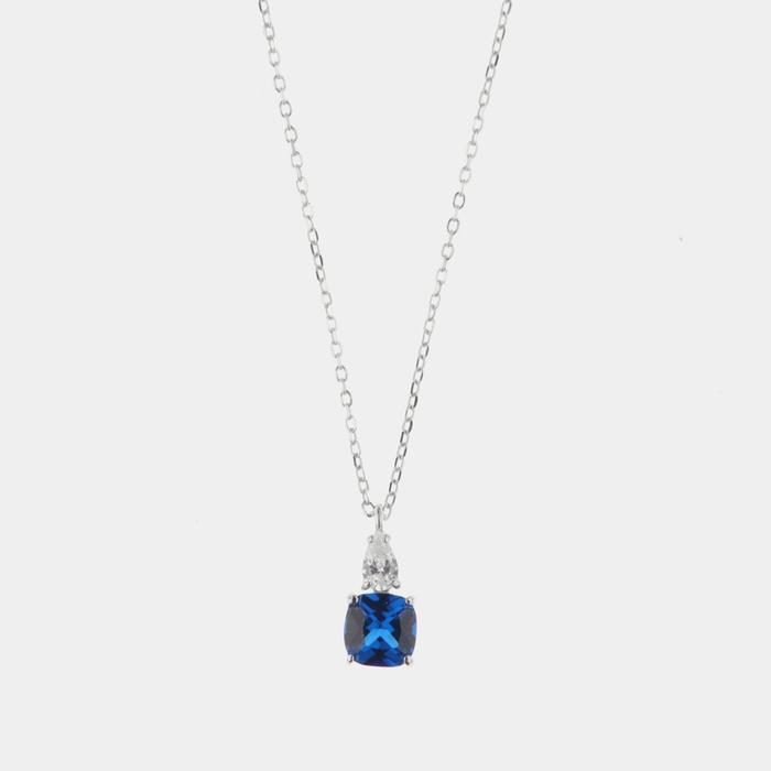 Collana in Argento 925 con pendente in zircone color blu zafiro e dettaglio in zircone bianco