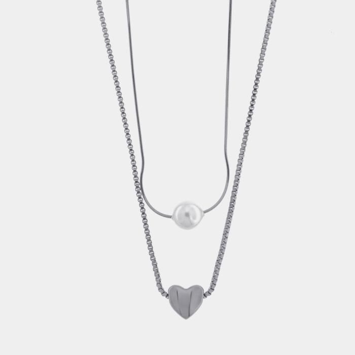 Collana in Acciaio doppia catena con perla e cuore