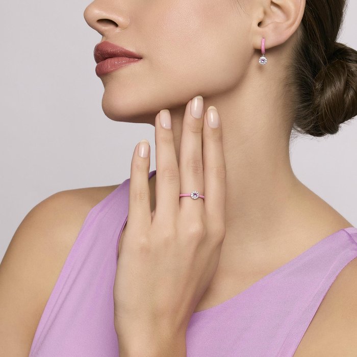 Orecchini a cerchio in argento con smalto rosa e zircone rosa MILANESIENNE