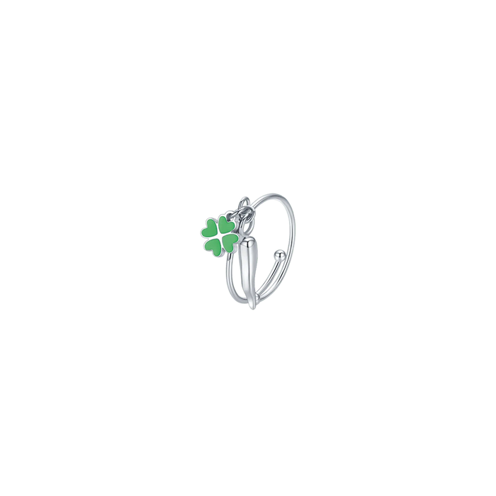 ANELLO BAMBINA IN ACCIAIO CON CORNO E QUADRIFOGLIO VERDE