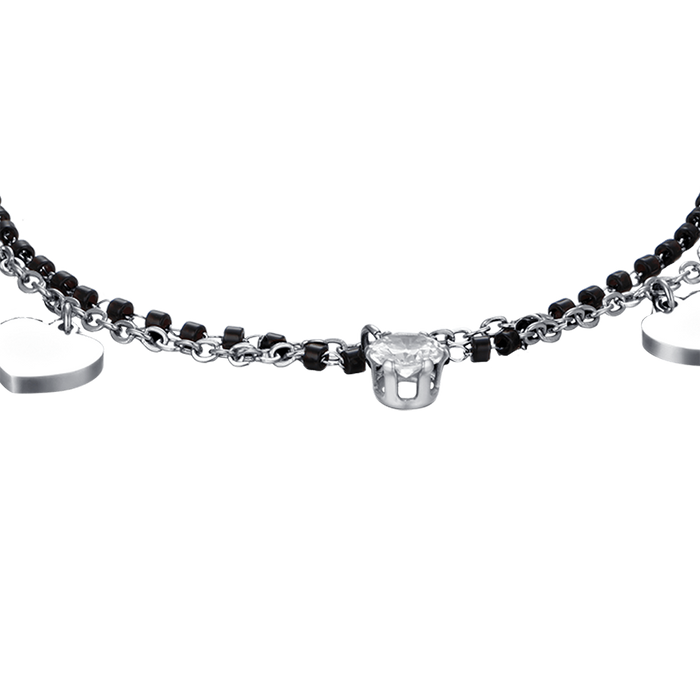 BRACCIALE DONNA IN ACCIAIO CON CUORI, ELEMENTI NERI E CRISTALLO BIANCO