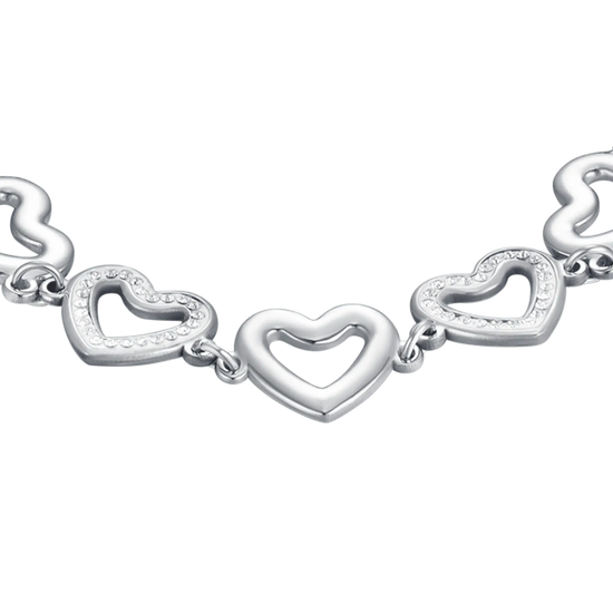 BRACCIALE DONNA IN ACCIAIO CON CUORI TRAFORATI E CRISTALLI BIANCHI
