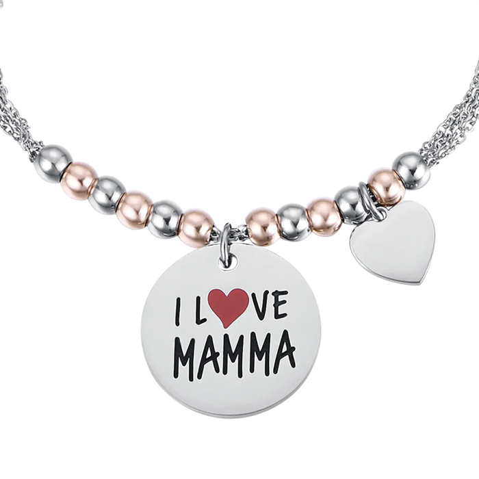 BRACCIALE DONNA IN ACCIAIO I LOVE MAMMA PALLINE ROSÈ