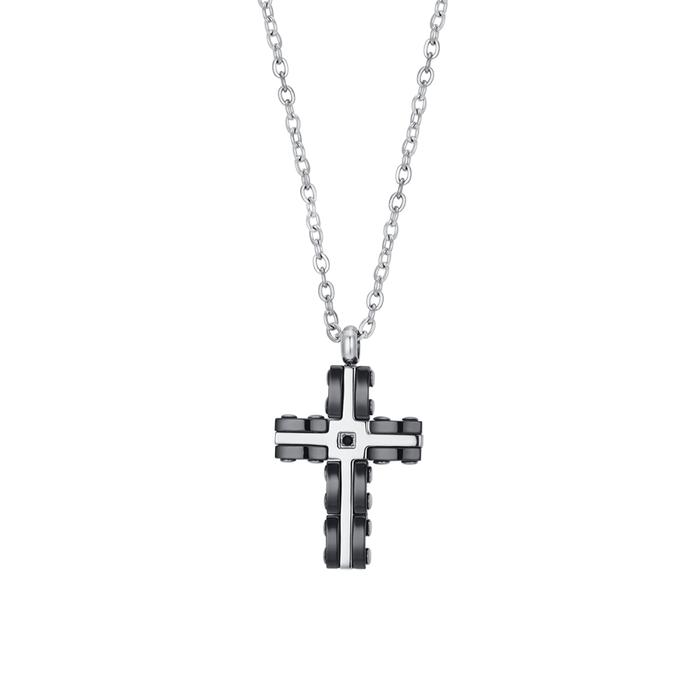 COLLANA UOMO IN ACCIAIO CROCE IN ACCIAIO E CERAMICA NERA