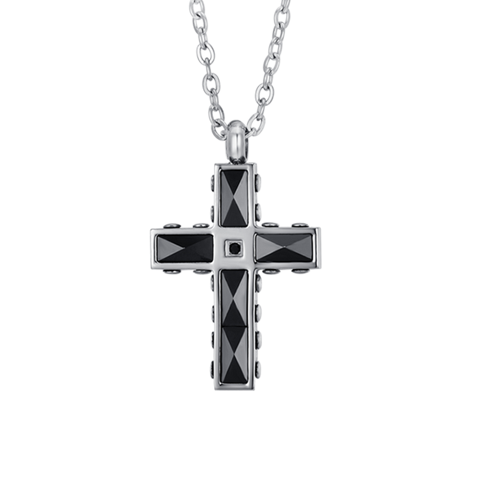 COLLANA UOMO IN ACCIAIO CROCE IN ACCIAIO E CERAMICA NERA CON CRISTALLO NERO