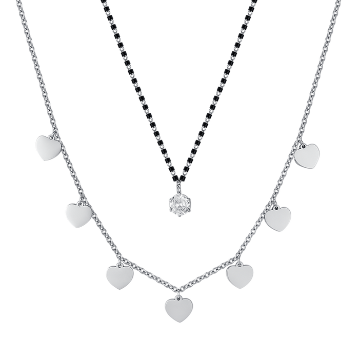 COLLANA DONNA IN ACCIAIO CON CUORI, ELEMENTI IP NERO E CRISTALLO BIANCO