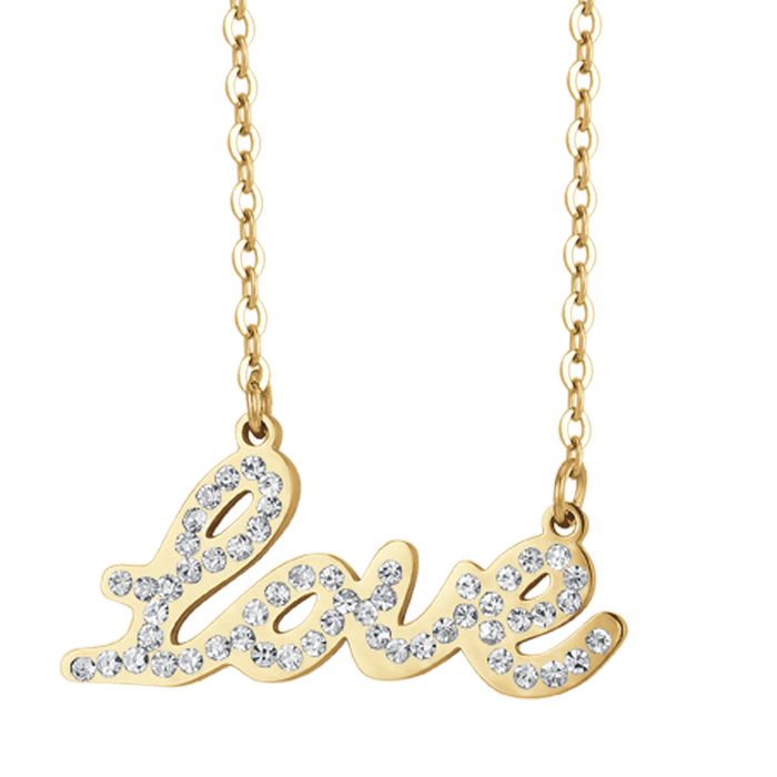 COLLANA DONNA IN ACCIAIO IP GOLD CON SCRITTA LOVE CON CRISTALLI BIANCHI