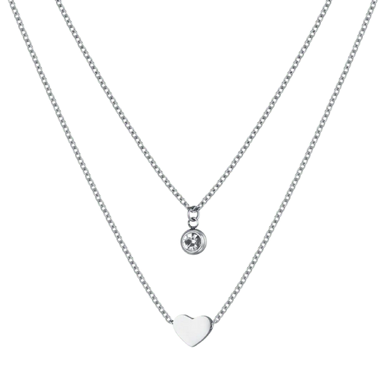 COLLANA DONNA MULTIFILO IN ACCIAIO CON CUORE E CRISTALLO BIANCO