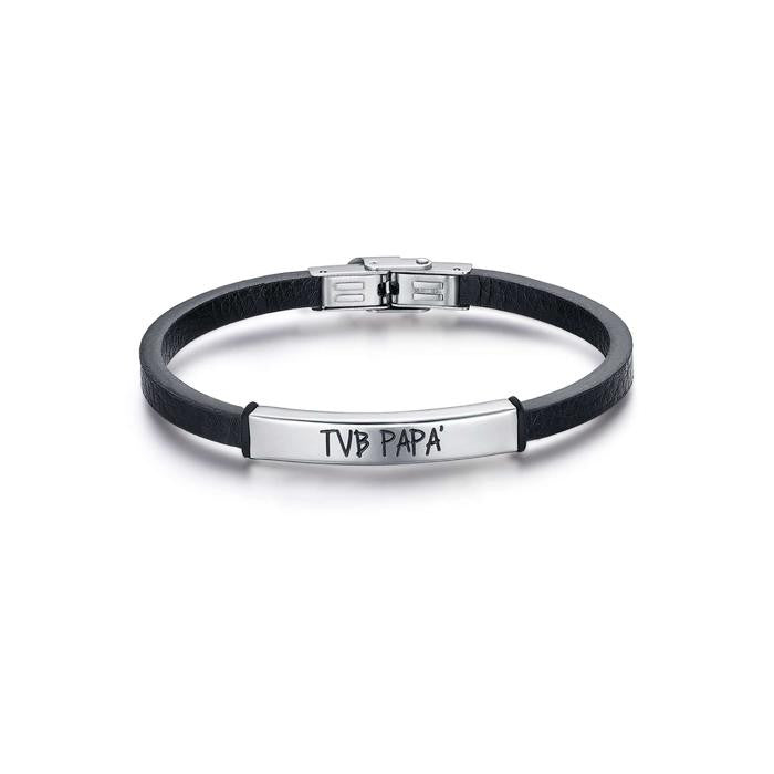 Bracciale In Cuoio Nero Con Piastra In Acciaio Tvb Papa'