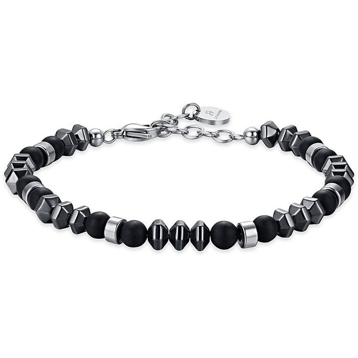 BRACCIALE UOMO IN ACCIAIO CON EMATITE IP GRIGIO PIETRE  NERE ED ELEMENTI IN ACC