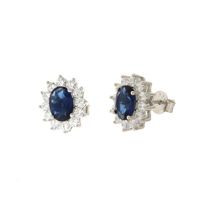 Orecchini in Argento 925 con zirconi bianchi e zircone centrale effetto blu zafiro