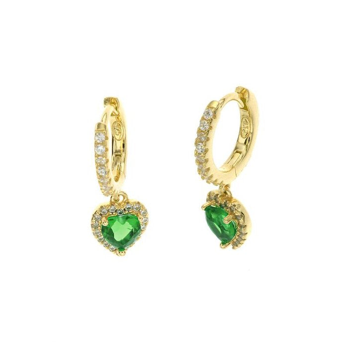 Orecchini in Argento 925 a cerchietto con chiusura a scatto tempestati da zirconi e cuore pendente in zircone verde