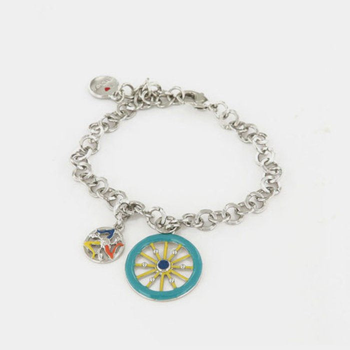 Bracciale in Metallo maglia rolò, con ruota carretto siciliano pendente impreziosita da smalti colorati